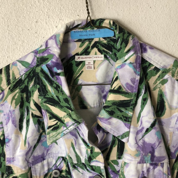 JM COLLECTION Women's Purple Green Floral Denim Jacket Pockets Long Slee… - Picture 5 of 9